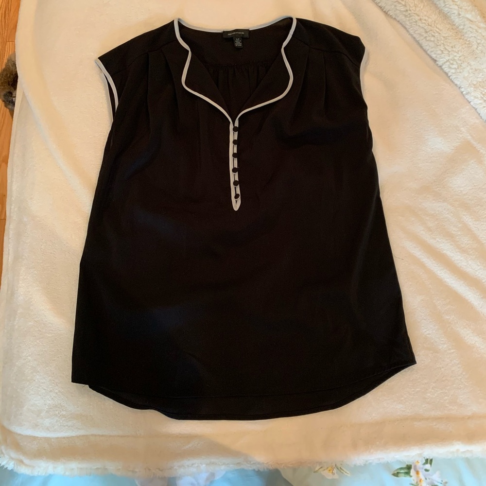 Contrast Piping Black Short Sleeve Blouse Size S